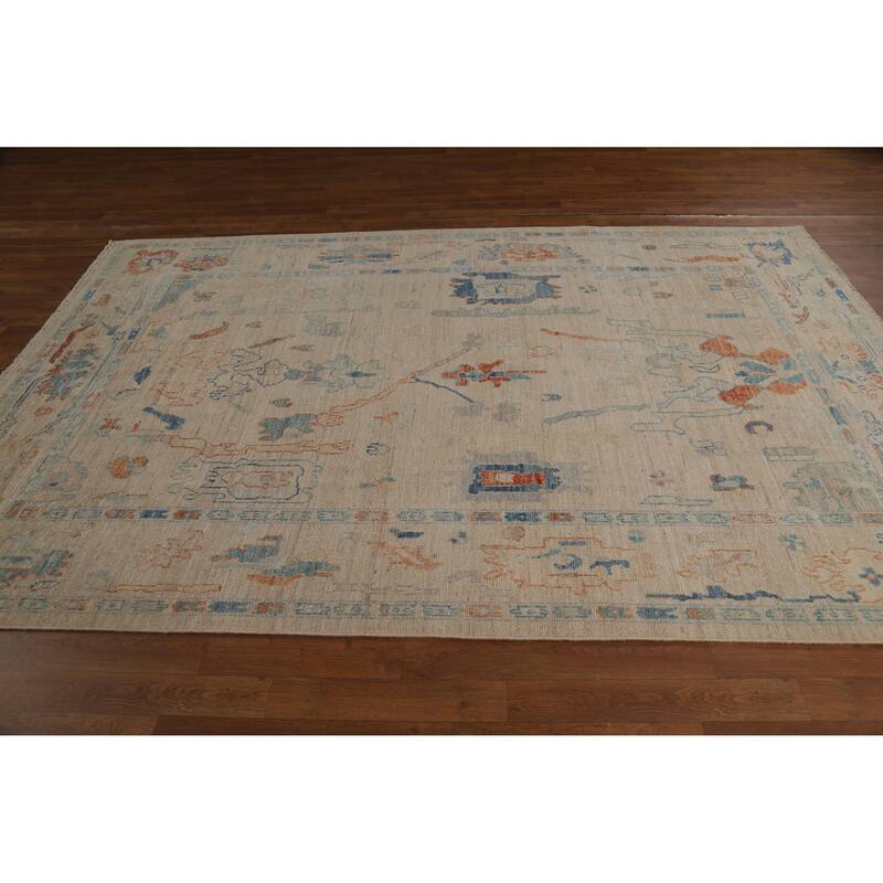 Hand Knotted Oriental 100% Wool Carpet Transitional All-Over Beige & Ivories Oushak Area Rug - 9' 0'' X 5' 11''