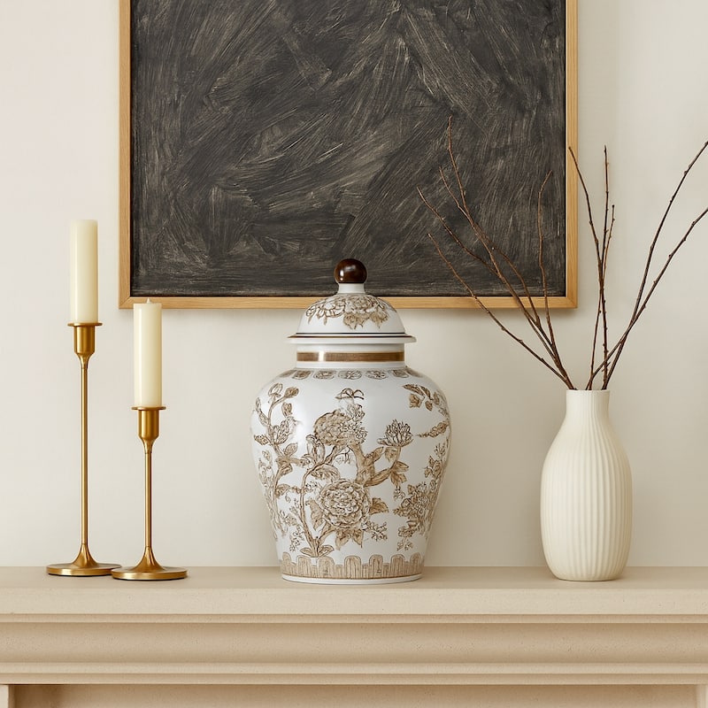 Decorative Chinoiserie Temple Jar - White & Brown, 12" - Brown/ White - 12.0"