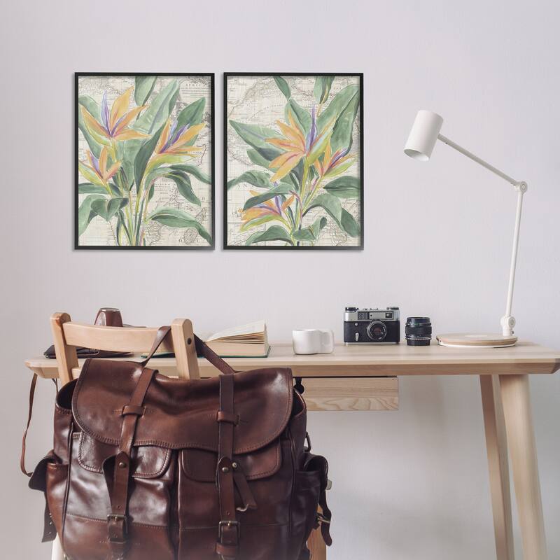 Stupell Flowers over Vintage Map Framed Giclee Art Design By June Erica Vess (Set of 2)