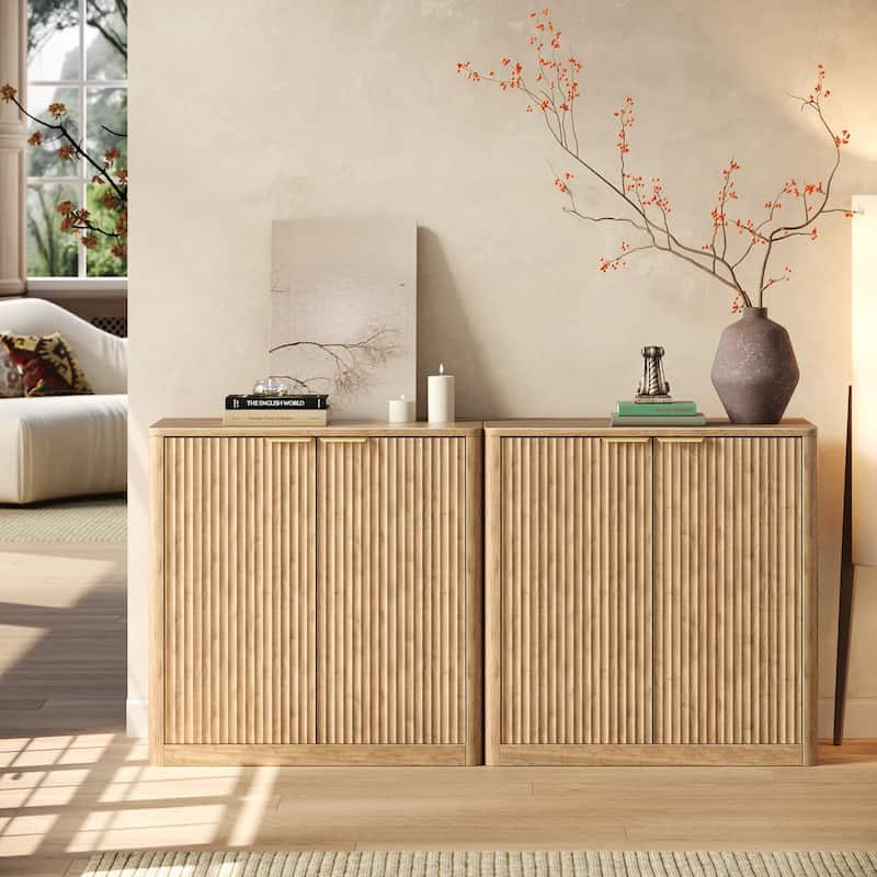 63" Buffet Cabinet with Storage, Fluted Sideboard with Adjustable Shelves for Living Room, Dining Room, Kitchen - Oak