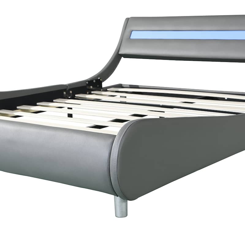 Gray Queen Size Faux Leather Platform Bed with LED Lights