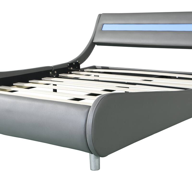 Queen Size LED Upholstered Platform Bed Frame with Remote Control, Easy Assembly, Gray