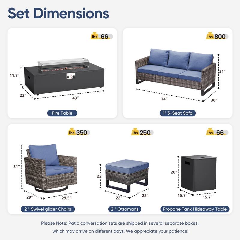 Pocassy 7-Piece Patio Sofa Swivel Chair Ottoman with Fire Table