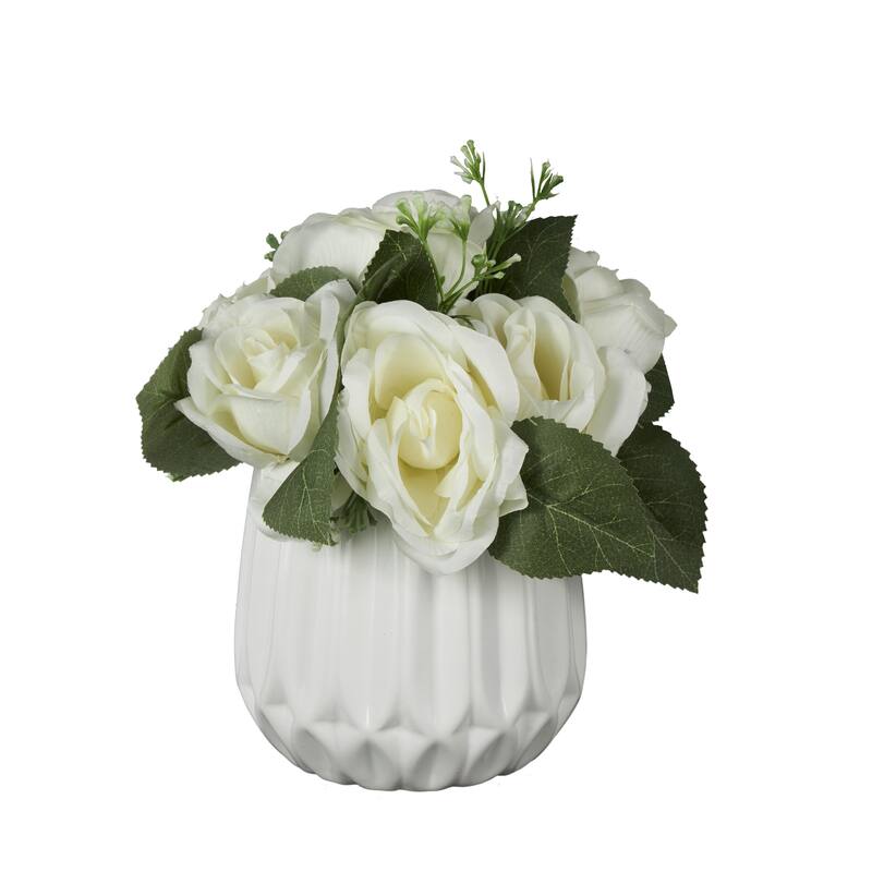 White Fabric Artificial Flower with Green Leaves and Round Ceramic Vase