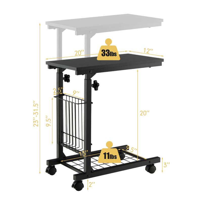 Costway C-shape Sofa End Side Table Compact Snack Table for Living - 20'' x 12'' x 23''-31.5''