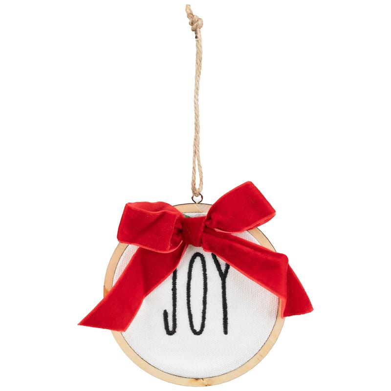 Embroidered Joy with Bow Wooden Disc Christmas Ornament - 4.5" - Red and White