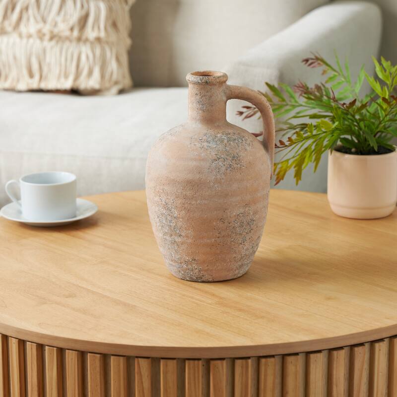 Beige Ceramic Antique Style Distressed Decorative Vase with Handle