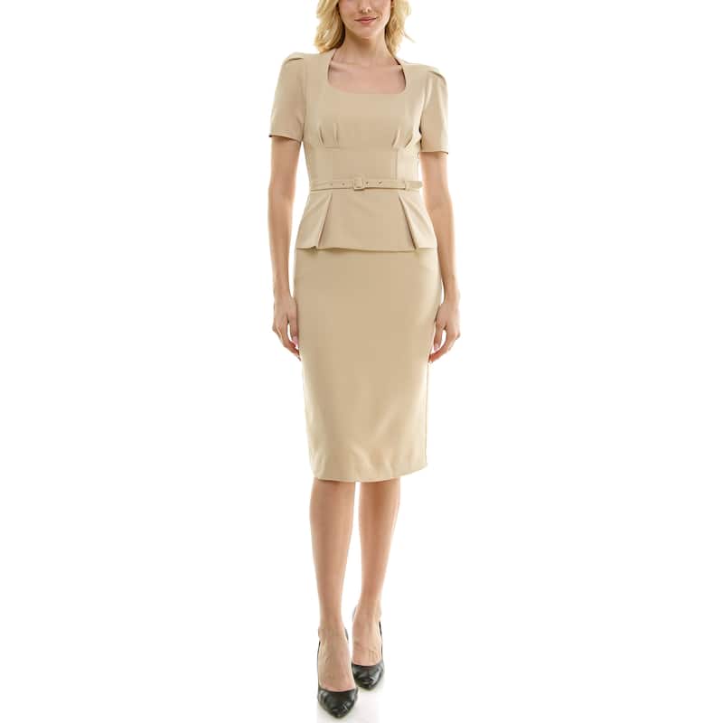 Nicole Miller Peplum Belted Portrait Neckline Twill Dress