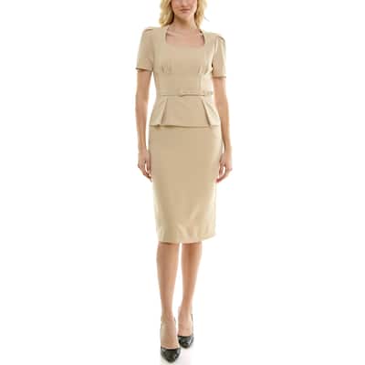 Nicole Miller Peplum Belted Portrait Neckline Twill Dress