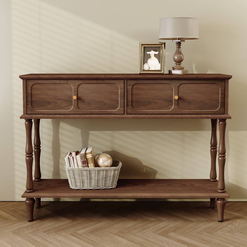 Mid-Century Console Table with 2 Doors for Entry and Living Room - Brown