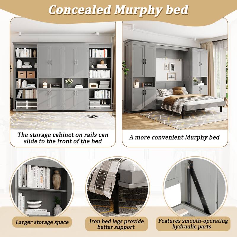 Hidden Hydraulic Lift Wall Bed Queen Murphy Bed with Dual Sliding Storage Cabinets, Side Shelves and Reinforced Metal Frame