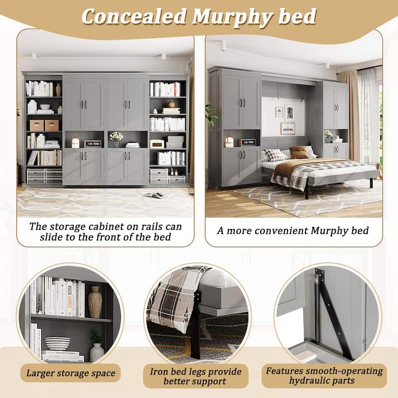 Murphy Bed Heavy Duty Cabinet Bed with Storage Shelves Queen Size