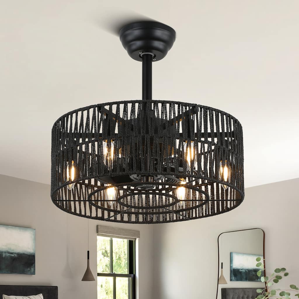 CurveCurio 20" Matte Black Reversible Ceiling Fan Light with Natural Wool Shade and Remote Control for Bohemian & Rustic Homes