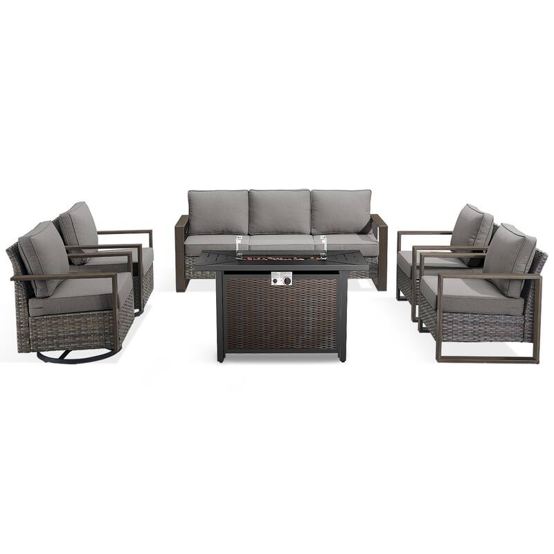 Meyreso Wicker Outdoor Patio Metal Fire Pit Set with Swivel Gliders and Olefin Cushions