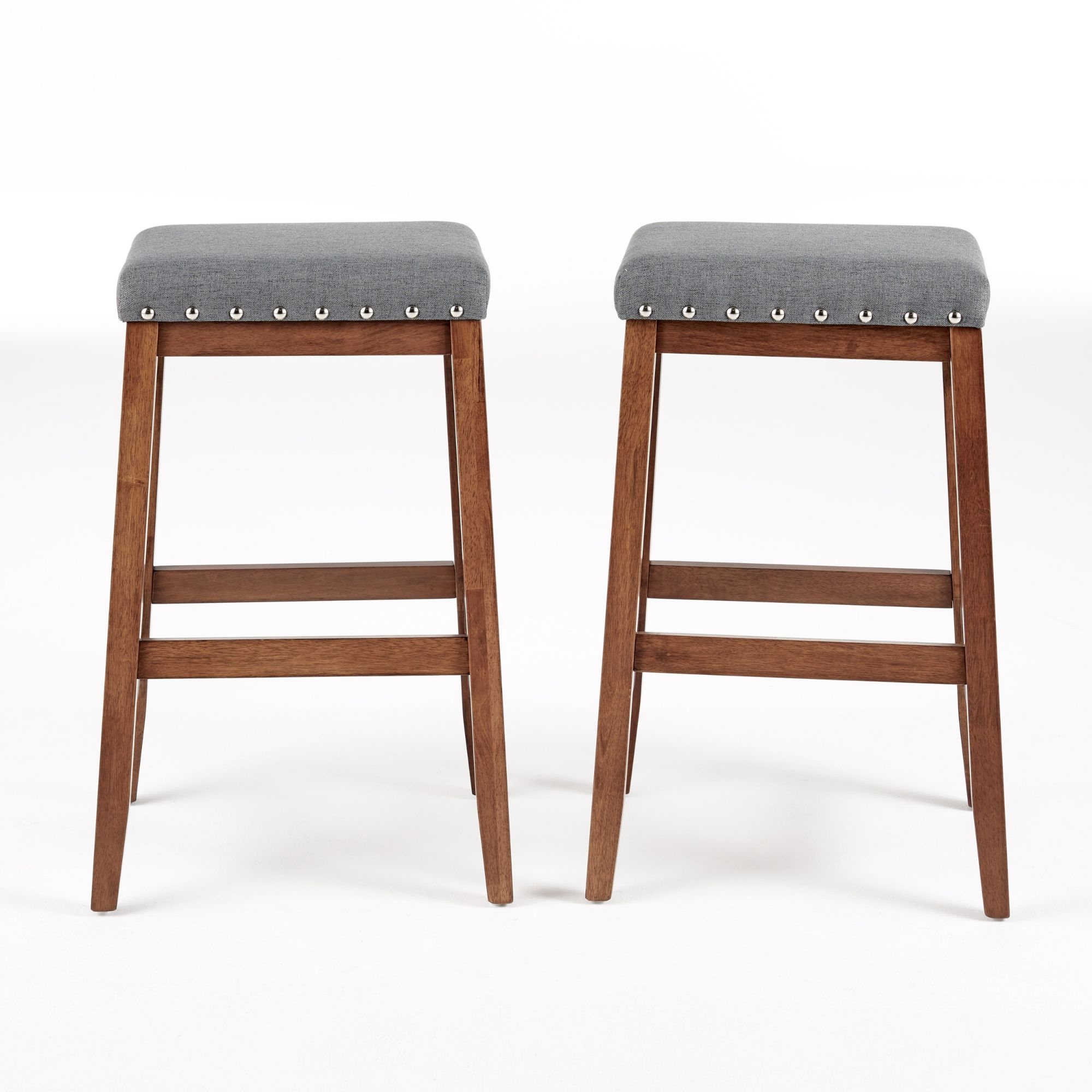 Set of 2 Brown and Charcoal Gray Contemporary Studded Bar Stools 29.5
