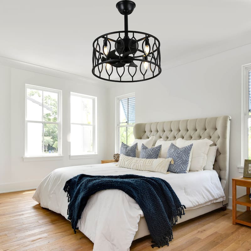 Bella Depot 19" Industrial Black Caged Ceiling Fan with Light Kit and Remote Control 6-Speed Reversible Motor - 18.9"