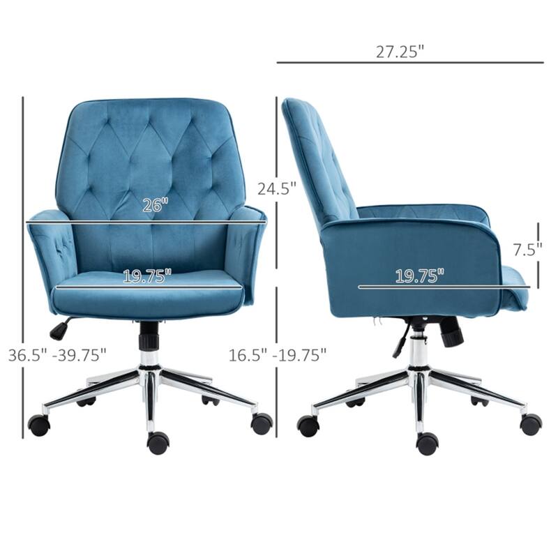 Velvet Office Chair with Adjustable Height Swivel Wheels - 26" W x 27.25" D x 35.25"-38.25" H
