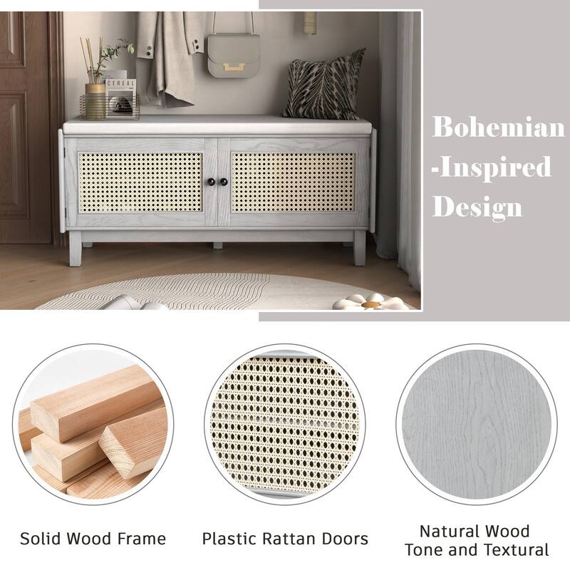 Boho Rattan Shoe Storage with Washable Cushion & Adjustable Shelves by Harper&Bright Designs