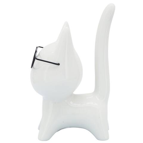Porcelain, 8"h Kitty with Glasses, White - 5" x 4" x 8"
