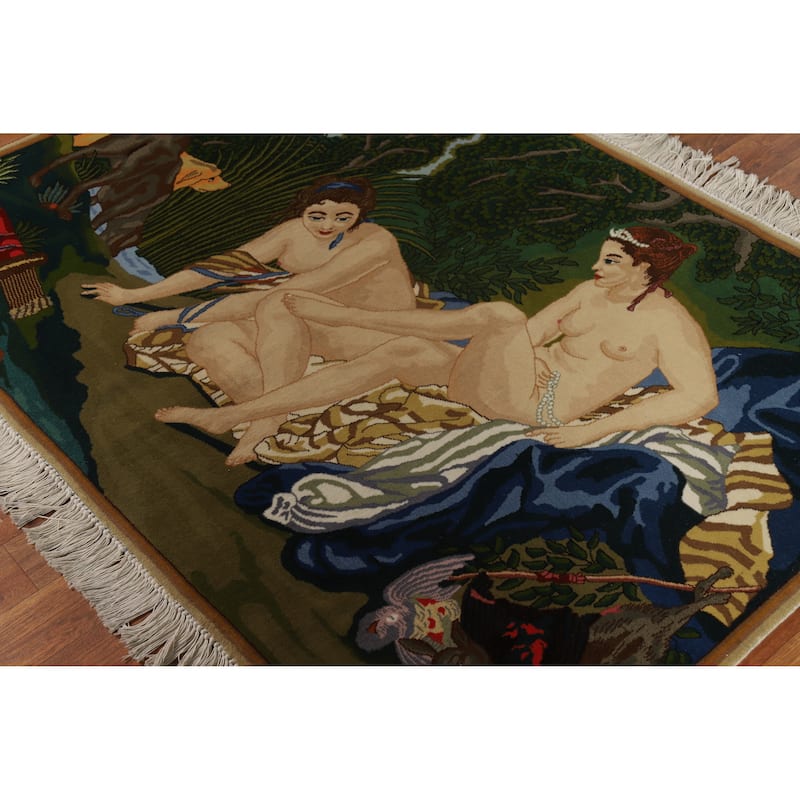 Hand Knotted Oriental 100% Wool Carpet Traditional Pictorial Multi-Colored Tabriz Area Rug - 4' 3'' X 3' 2''