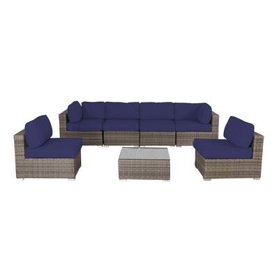 7 Piece Sectional Seating Group with Sunbrella Cushions in Navy Blue and Grey