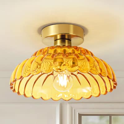 1-Light Vintage Brass Finish Metal Semi-Flush Mount Ceiling Light with Amber/Green/Grey/Clear Glass Shade for Kitchen, Hallway