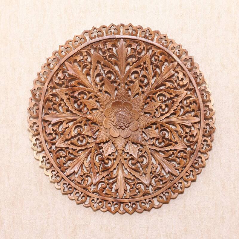 Novica Handmade Round Lotus Wood Relief Panel