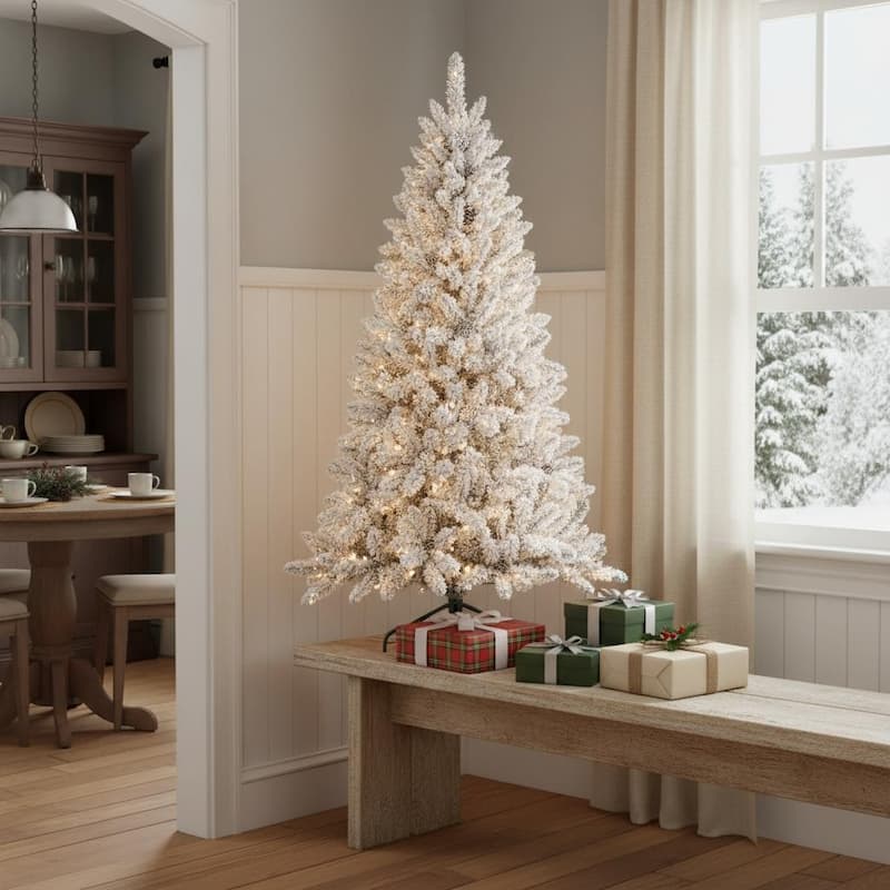 HomeRoots 4' White Pre Lit Full Flocked Fir Christmas Tree - 32.00 in. x 48.00 in. x 32.00 in. - White - 4 Foot