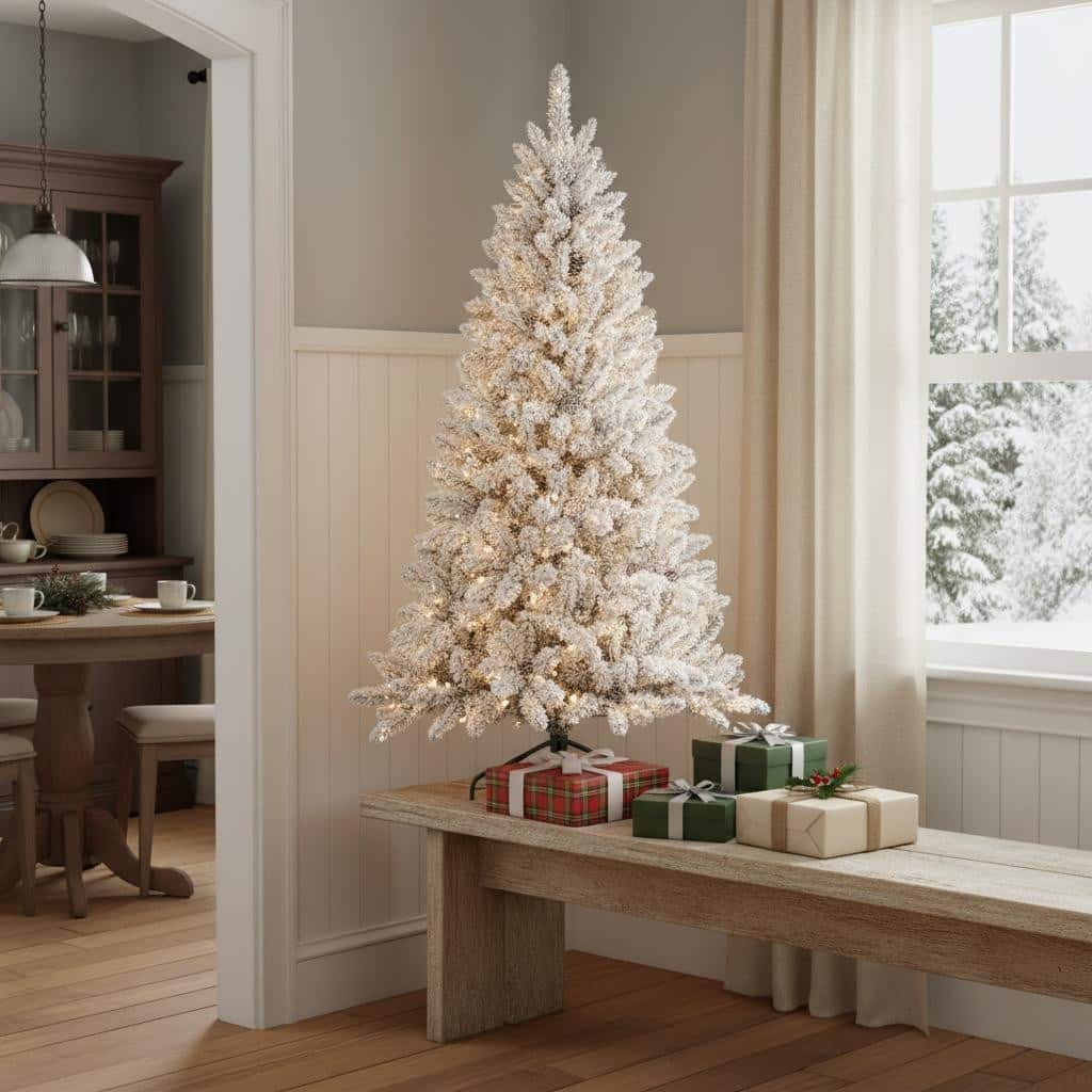 HomeRoots 4' White Pre Lit Full Flocked Fir Christmas Tree - 32.00 in. x 48.00 in. x 32.00 in.