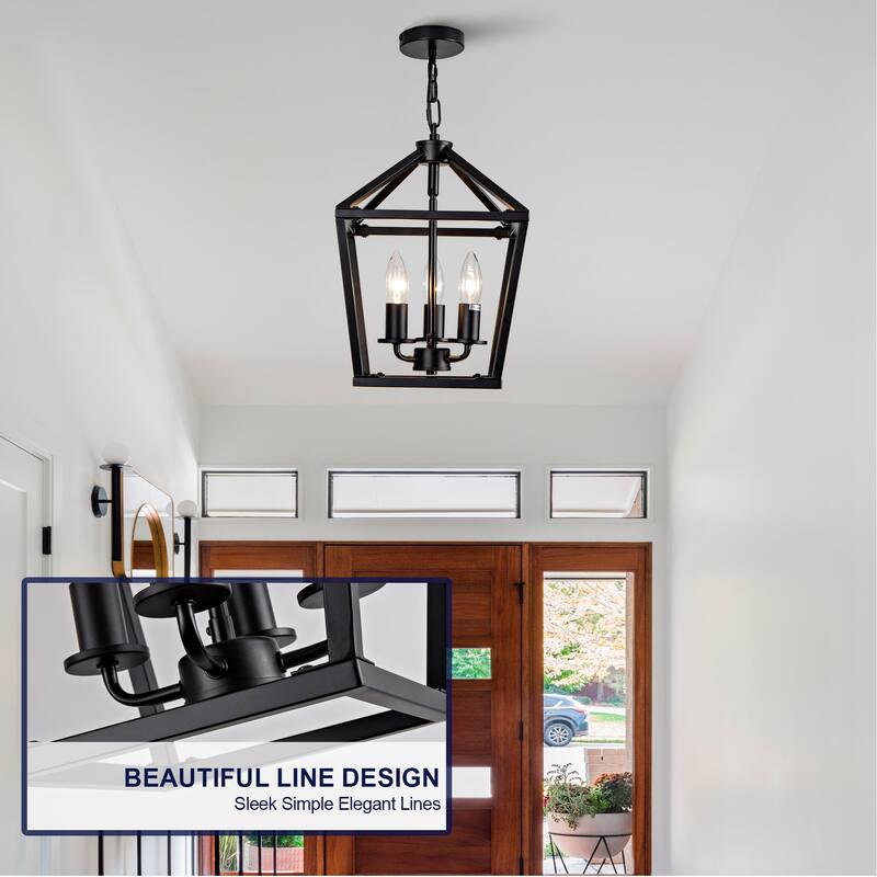 Farmhouse Lantern Chandelier 3-Light with Rustic Open Cage and Adjustable Hanging Height