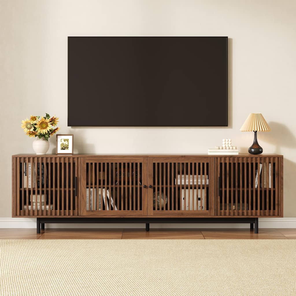 Slatted Door Design TV Cabinet TV Stand for TVs up to 85", Solid Wood Legs, Walnut