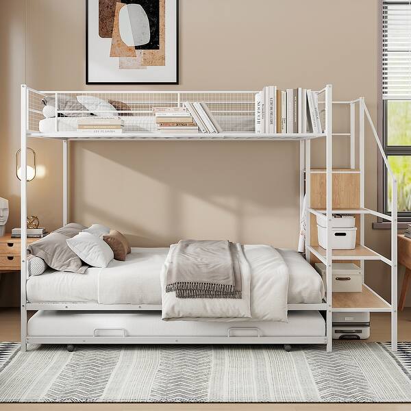 slide 2 of 14, White Twin over Full Metal Bunk Bed with Trundle and Lateral Storage White