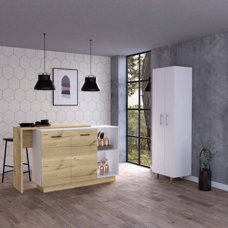 Crescent 7-Shelf 4-Door 2-piece Kitchen Set, Kitchen Island and Pantry White and Light Oak - White
