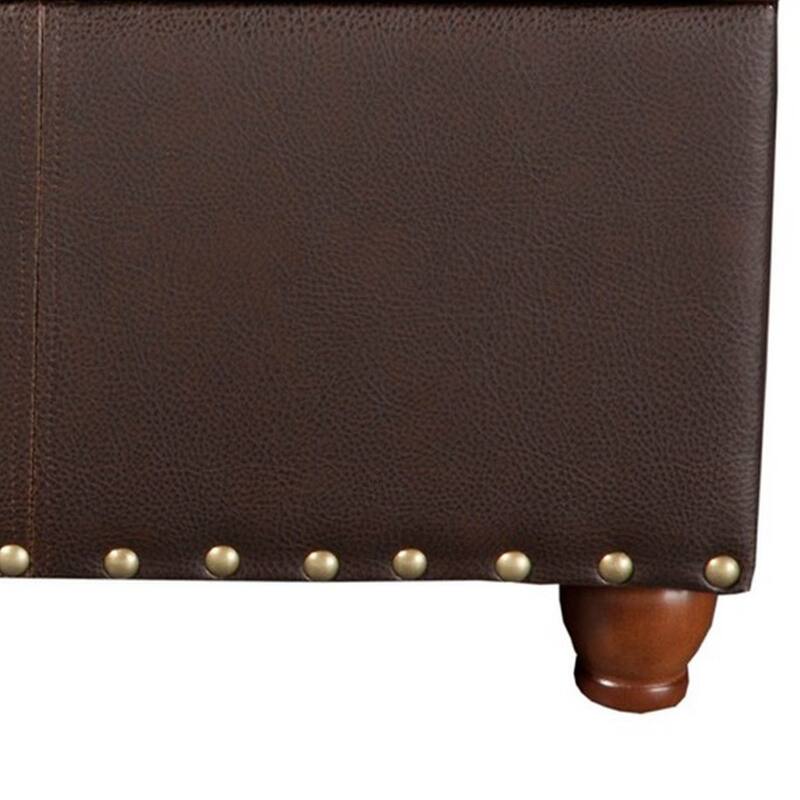 Leatherette Upholstered Wooden Storage Bench with Nail Head Trim Accent, Espresso Brown