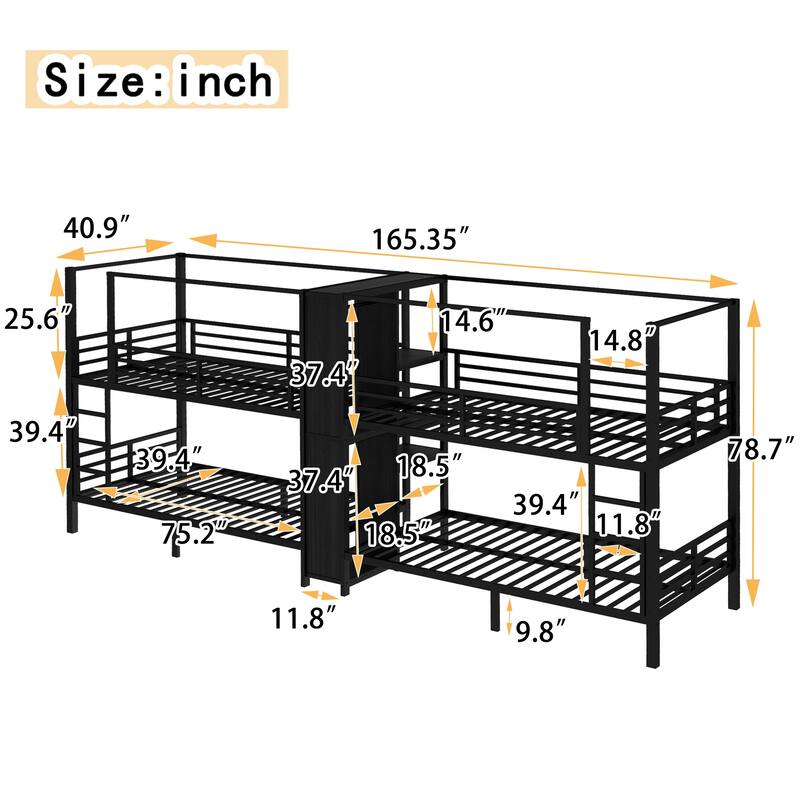 Quadruple Metal Bunk Bed with Built-in Storage Shelves & Wardrobe, Sturdy Black Frame