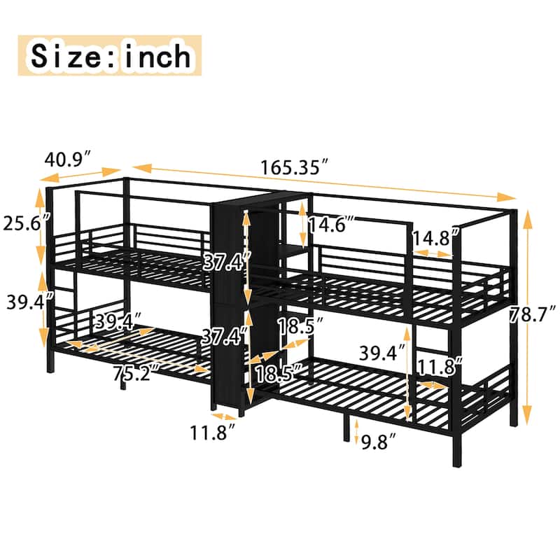 Quadruple Metal Bunk Bed with Built-in Storage Shelves & Wardrobe - Queen/Full/Twin, Sturdy Metal Frame with Noise-reduced