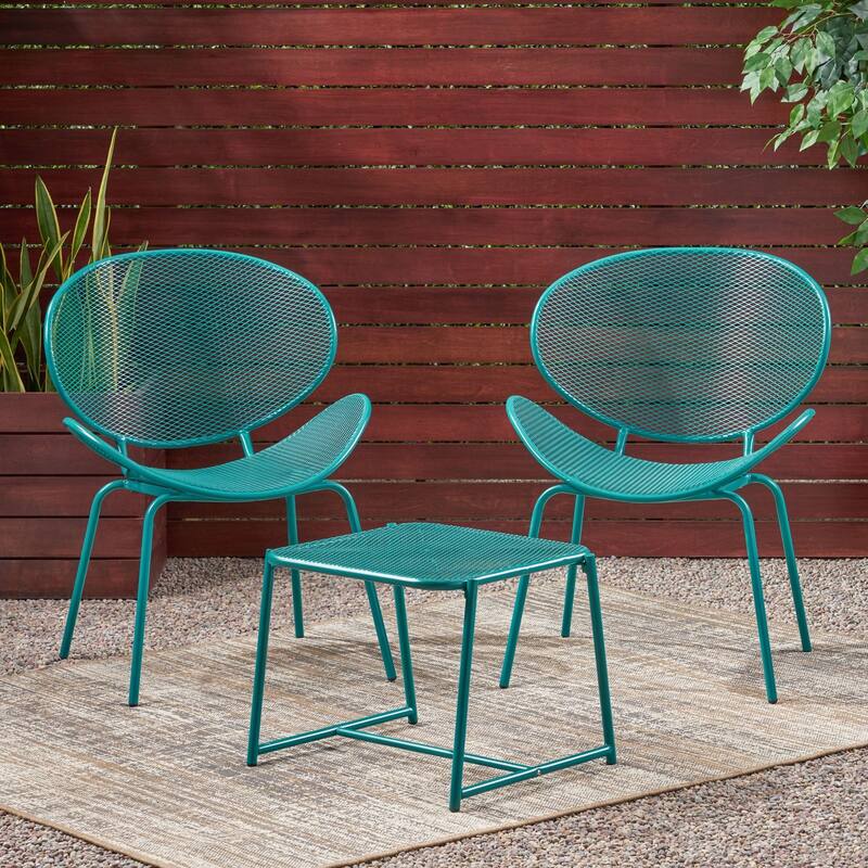 Roomfitters Outdoor Chat Set 3 Piece Metal Conversation Seating Mesh Design Iron Chairs - Teal