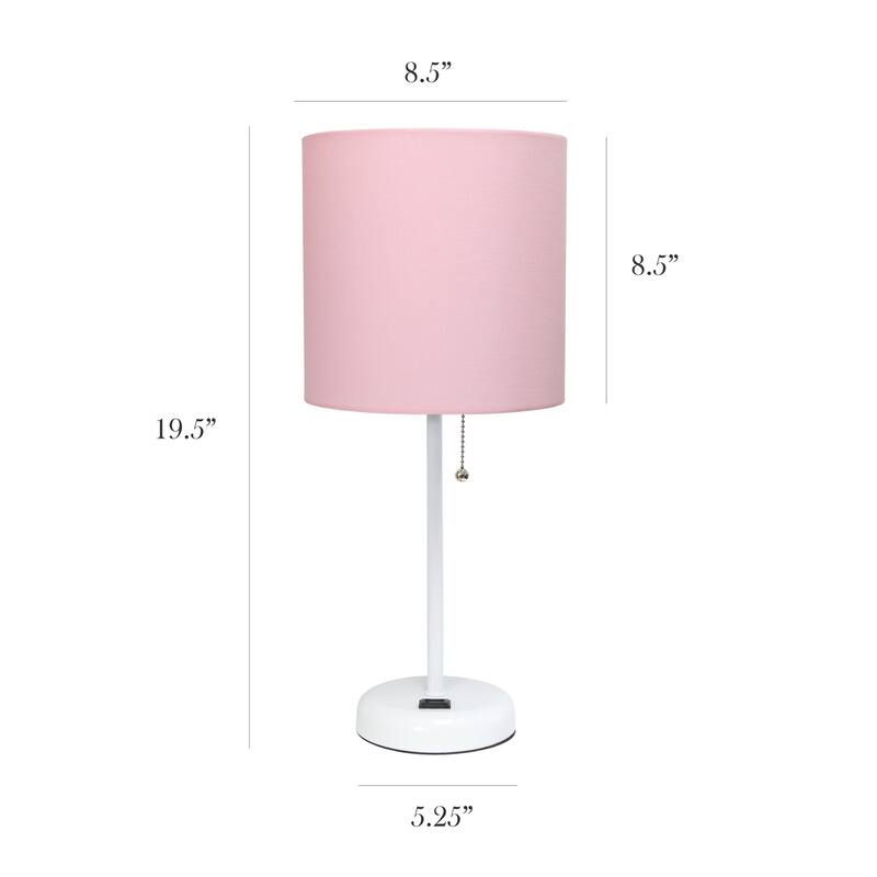 19.5 in. White Finish Table Lamp with Pink Shade, Durable Stick Lamp for End/Side Tables, Set of 2