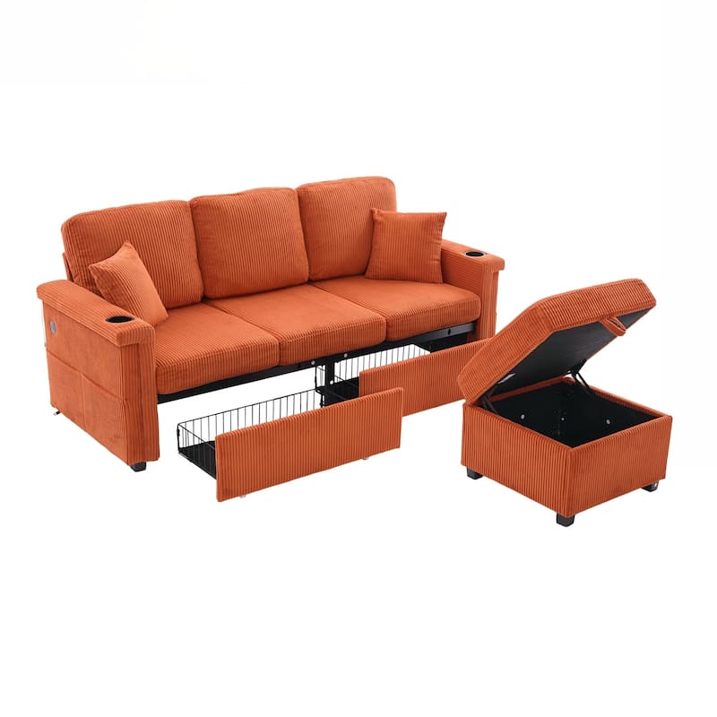 L-Shaped Sectional Sofa with Pull-Out Storage,Ottoman & Pillows 3-Seat with USB Charging,Cup Holder, Convertible Design