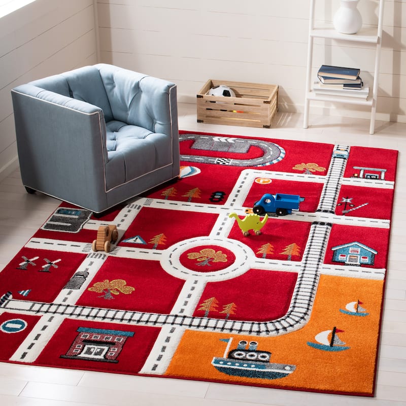 SAFAVIEH Carousel Kids Koika Neighborhood Road Rug - Red/Ivory - 5'3" Square - Square