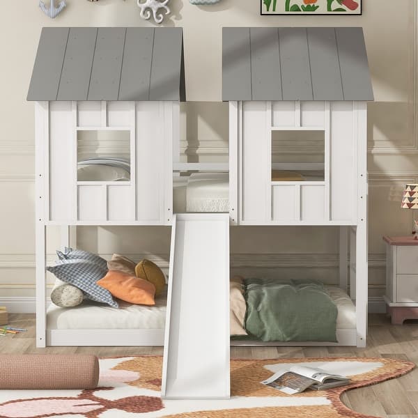 slide 2 of 11, Low-Profile Twin Over Twin House Bunk Bed, Solid Pine Wood Kids Floor Bed Frame with Slide and Windows for Girls Boys, White White - Twin