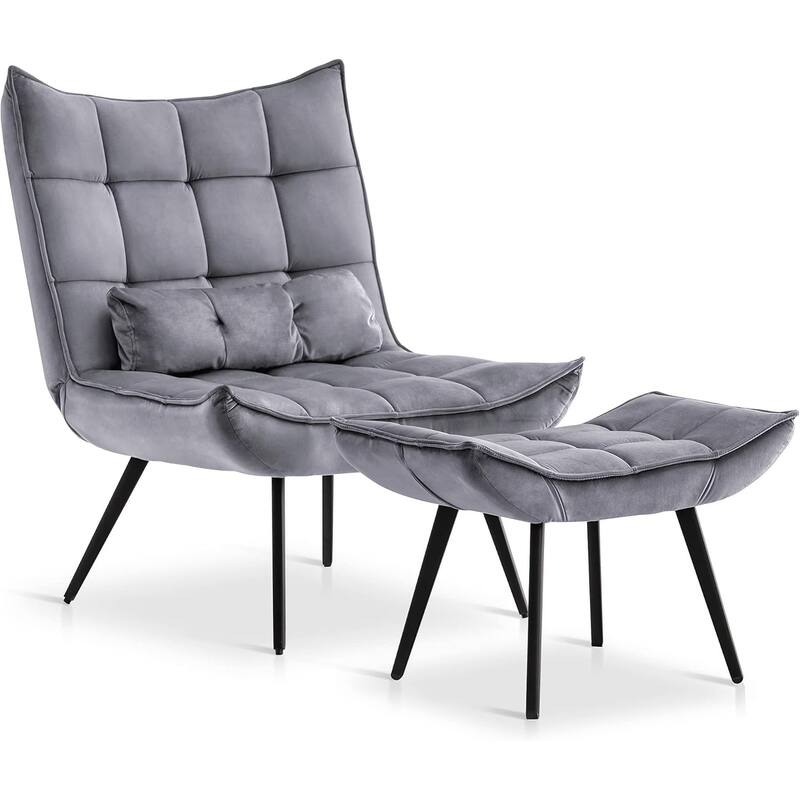Mcombo Accent Chair with Ottoman, Velvet Tufted Wingback Chair, Upholstered Chairs with Metal Legs for Bedroom Living Room 4079