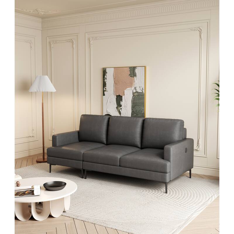 Top-Grain Leather Match Sofa, 77" Comfy Couch with USB Charger, Metal Legs, Ideal for Living Room & Office