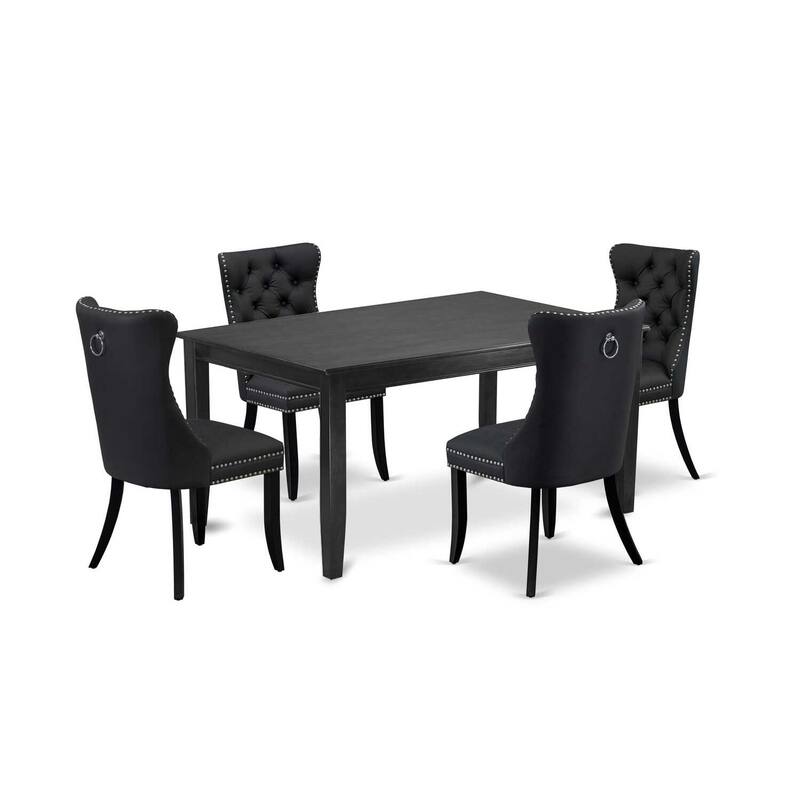 5-Piece Black Finish Solid Wood Top-Rectangular Upholstered Dining Room Set-Seats 4