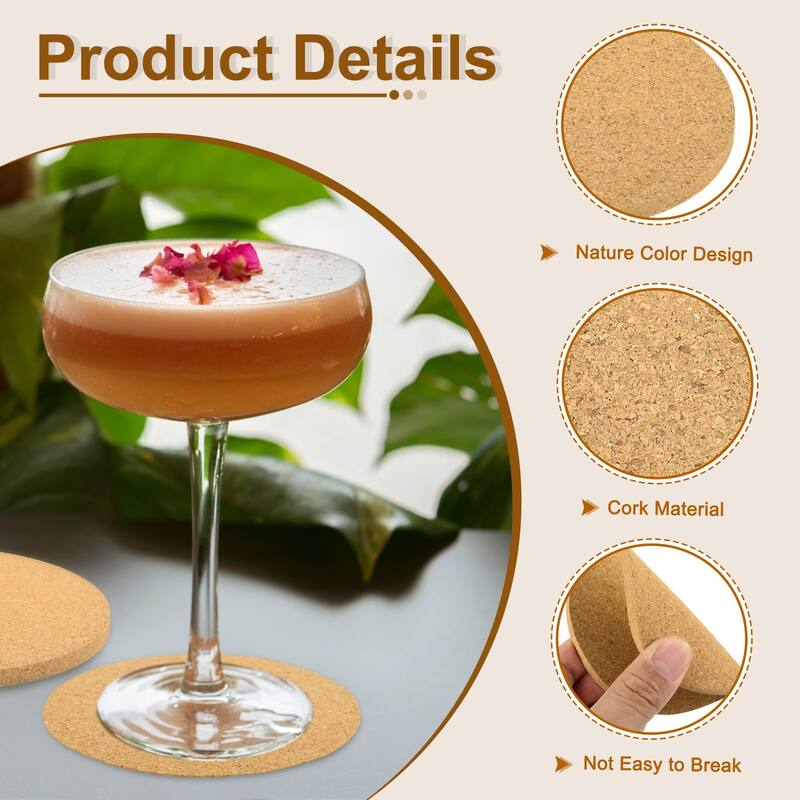 Cork Coaster for Drink, Round Cork Mats 3mm Thick