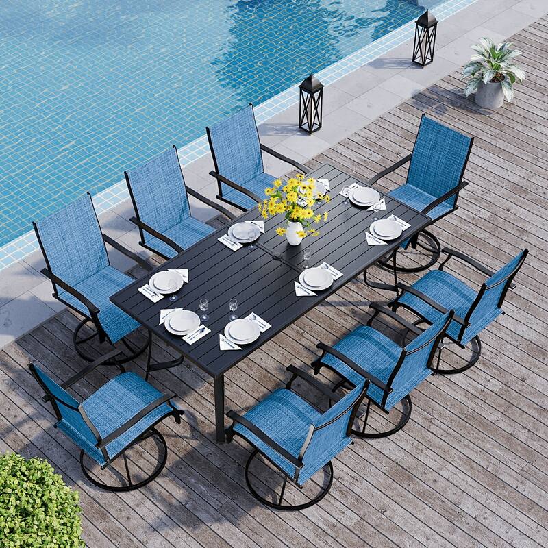 Patio Dining Set w Textilene / Swivel Rocking Chairs, Outdoor Table & Chairs w Adjustable Umbrella Hole, 5/7/9-Piece Garden Set - 9 Piece - Blue-Swivel