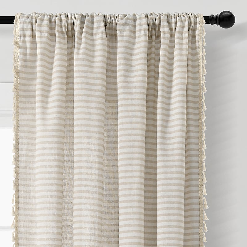 Lush Decor Boho Coastal Horizontal Ticking Stripe Tassel Window Curtain Panels