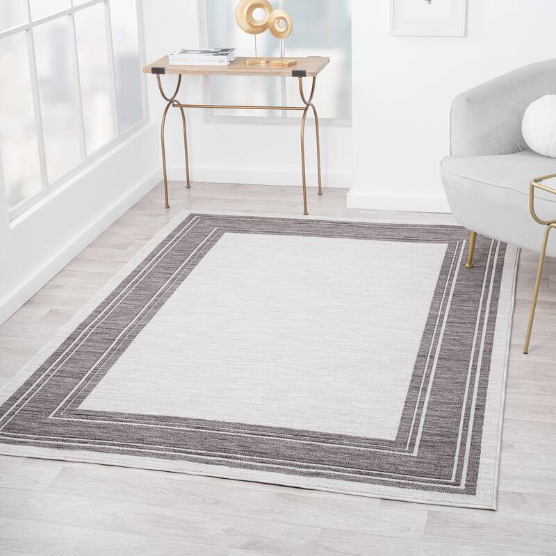 Sevita Ivory/Gray Bordered PET Yarn Indoor/Outdoor Area Rug