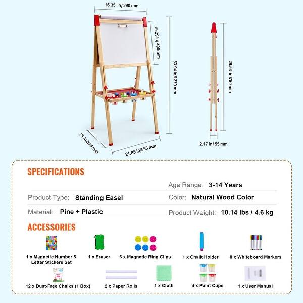 3-in-1 Kids Art Easel with Double Sided Wooden Magnetic Whiteboard and Chalkboard Surface - 21.85"L x 21"W x 53.94"H