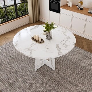Modern Round Dining Table with Marble-Look Top and White Base - Elegant ...